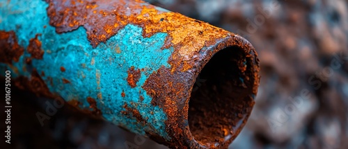  A rusted pipe protruding from a side of a weathered metal pipe, both coated in rust and chipped paint photo