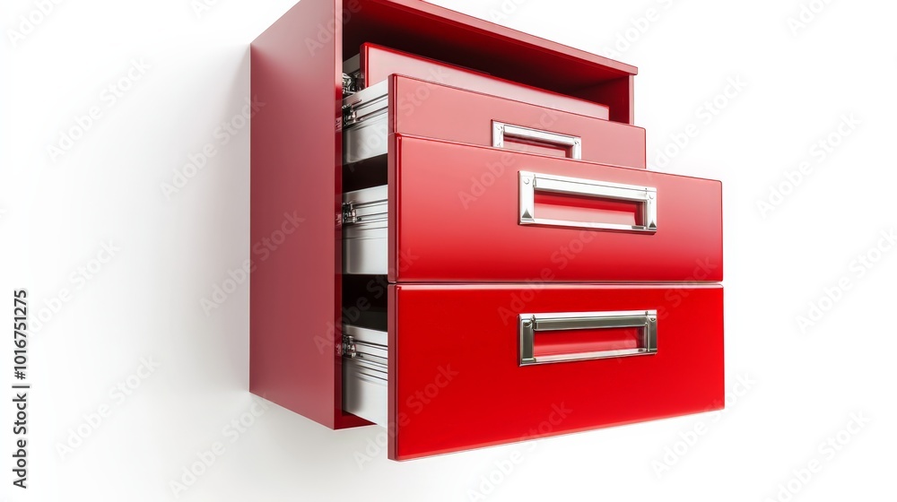 Red metal file cabinet on white background with open drawers showcasing organized office storage solution and modern design. Red metal file cabinet on white background with open drawers showcasing organized office storage solution and modern design.