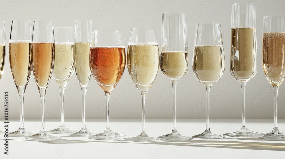 A group of champagne glasses filled to the brim, placed in a creative arrangement on a white surface for a festive look. A group of champagne glasses filled to the brim, placed in a creative arrangement on a white surface for a festive look.
