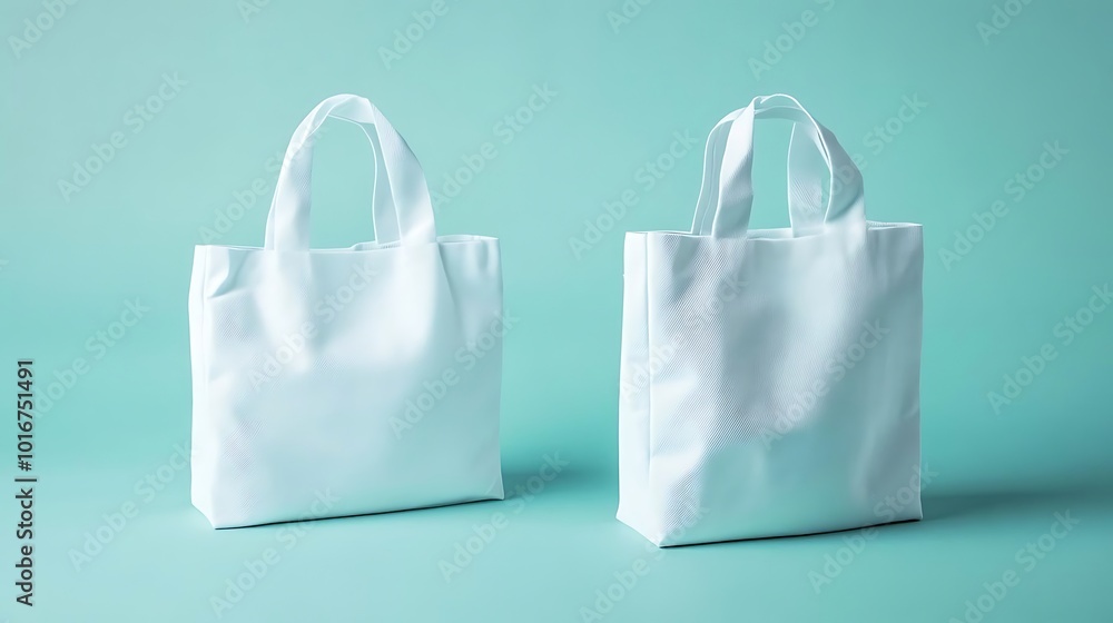 Two White Canvas Tote Bags Mockup on Teal Background Two White Canvas Tote Bags Mockup on Teal Background