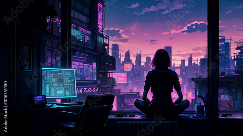 Young female hacker sitting by the window looking at the cyberpunk city in the morning glow.