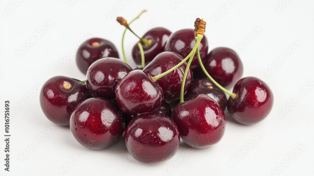 A handful of glossy red cherries, with stems, isolated on a white background to showcase their vibrant color and texture. A handful of glossy red cherries, with stems, isolated on a white background to showcase their vibrant color and texture.