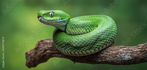 Close-up Vibrant Green Snake Coiled on Branch in Natural Habitat - Serene Wildlife Beauty in Forest