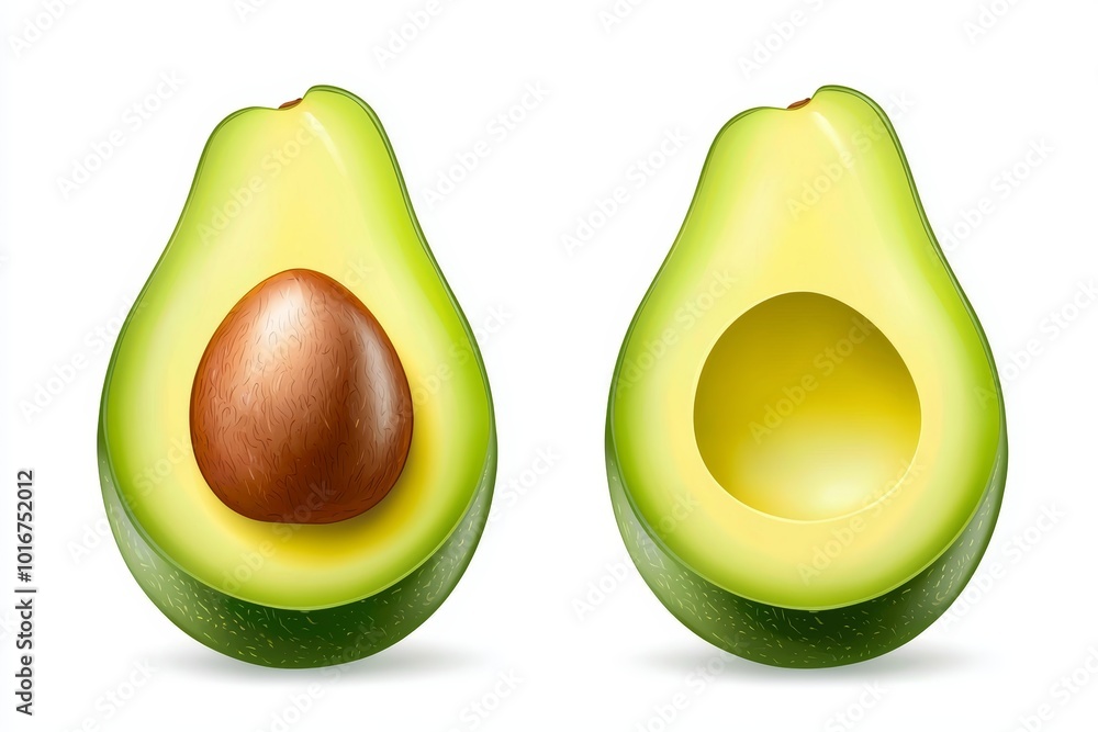 Fresh avocado halves showcasing smooth green flesh and a seed on a white background. Fresh avocado halves showcasing smooth green flesh and a seed on a white background.