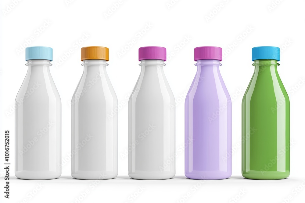 Five colorful milk bottles standing in a row, each with a different colored cap on a white isolated background. Five colorful milk bottles standing in a row, each with a different colored cap on a white isolated background.