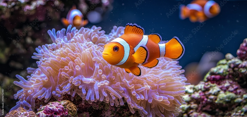 Enchanting Close-Up of Vibrant Clownfish and Lush Sea Anemone in Aquatic Wonderland - Serene Underwater Exploration Enchanting Close-Up of Vibrant Clownfish and Lush Sea Anemone in Aquatic Wonderland - Serene Underwater Exploration