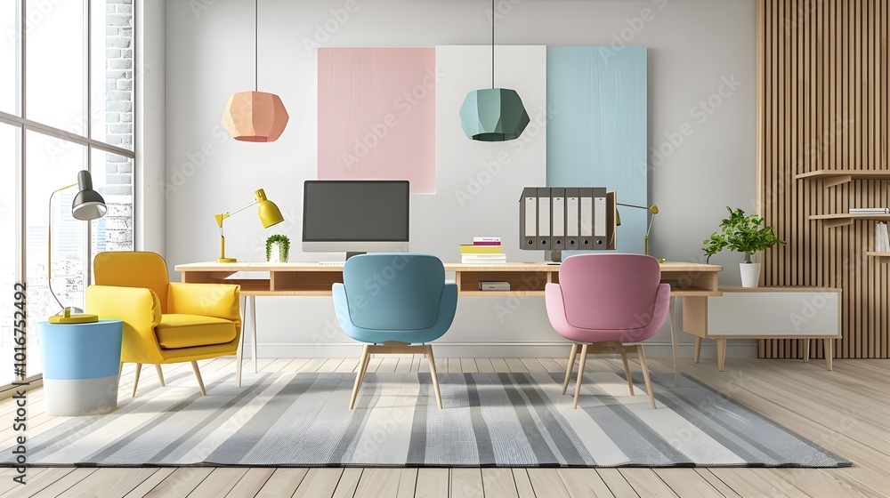 Fototapeta premium Minimalist Office with Vibrant Furniture in 3D Rendered Home Mockup