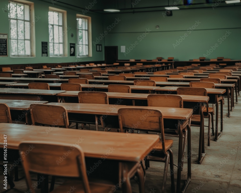 Serene Classroom Ambiance Close-up of Orderly Rows of Wooden Desks and Chairs in Receding Perspective with Soft Natural Lighting, Green Walls, and Foliage View - Educational Interior Design Serene Classroom Ambiance Close-up of Orderly Rows of Wooden Desks and Chairs in Receding Perspective with Soft Natural Lighting, Green Walls, and Foliage View - Educational Interior Design