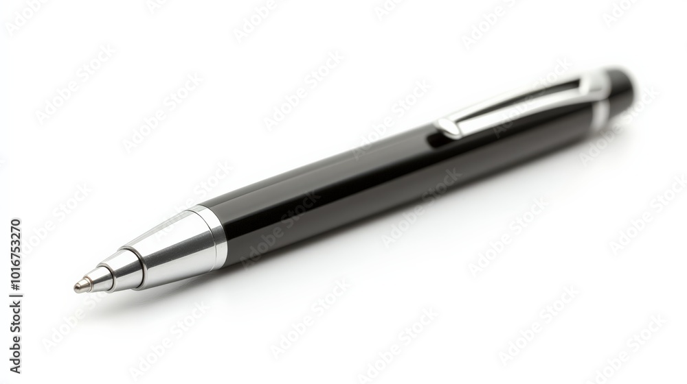 Sleek black pen with silver accents on a white background, ideal for writing, office use, or school supplies Sleek black pen with silver accents on a white background, ideal for writing, office use, or school supplies
