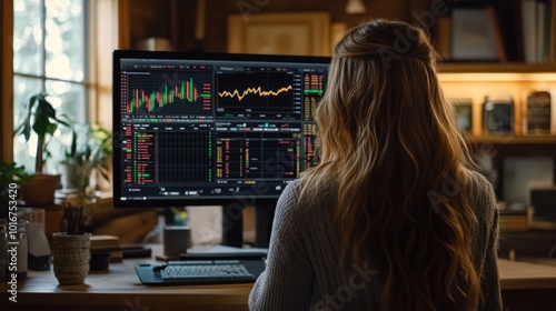 Woman Trading Stocks on Computer at Home Office