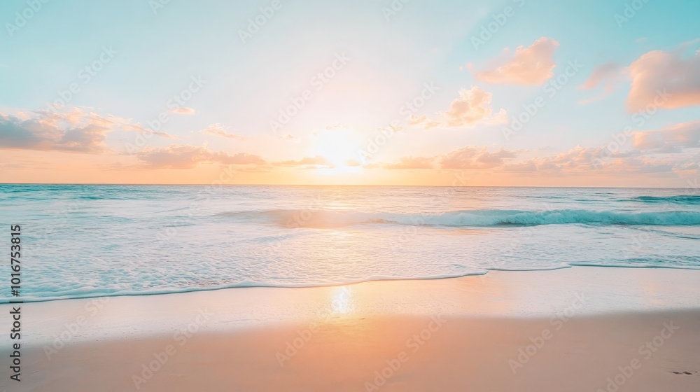 Tranquil Beach Sunset with Soft Waves and Pink Clouds Tranquil Beach Sunset with Soft Waves and Pink Clouds