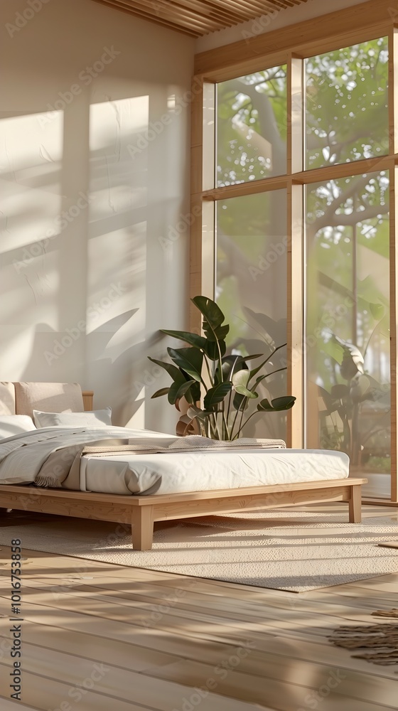 Fototapeta premium Minimalist Platform Bed Bedroom with Expansive Windows and Modern Interior Design