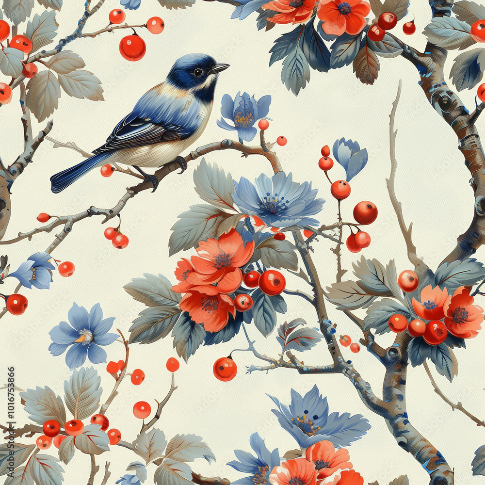 Seamless pattern with flowers and birds on branches, on a light background. Seamless pattern with flowers and birds on branches, on a light background.