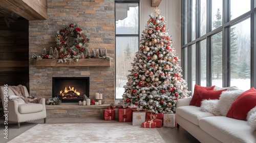 A cozy living room decorated for Christmas with a fireplace, a large Christmas tree, and gifts. photo