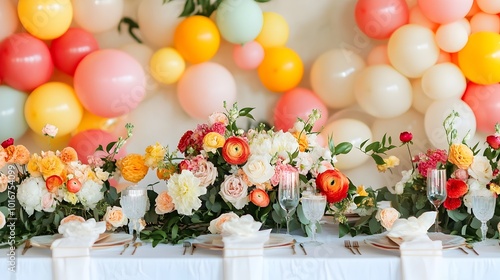 Celebrate in style with this vibrant and joyful floral arrangement  accented by playful air balloons  creating a stunning backdrop for modern events  parties  and special occasions photo