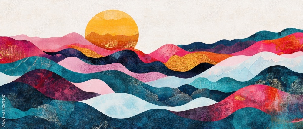 A painting of a mountain range with a sun in the sky A painting of a mountain range with a sun in the sky