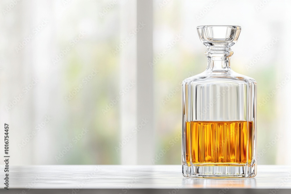 Elegant glass decanter filled with amber whiskey on bright background. Elegant glass decanter filled with amber whiskey on bright background.
