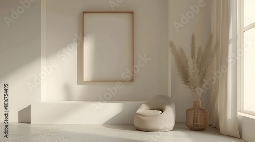 Minimalist Reading Nook with Empty Frame on White Background Home Decor Mockup