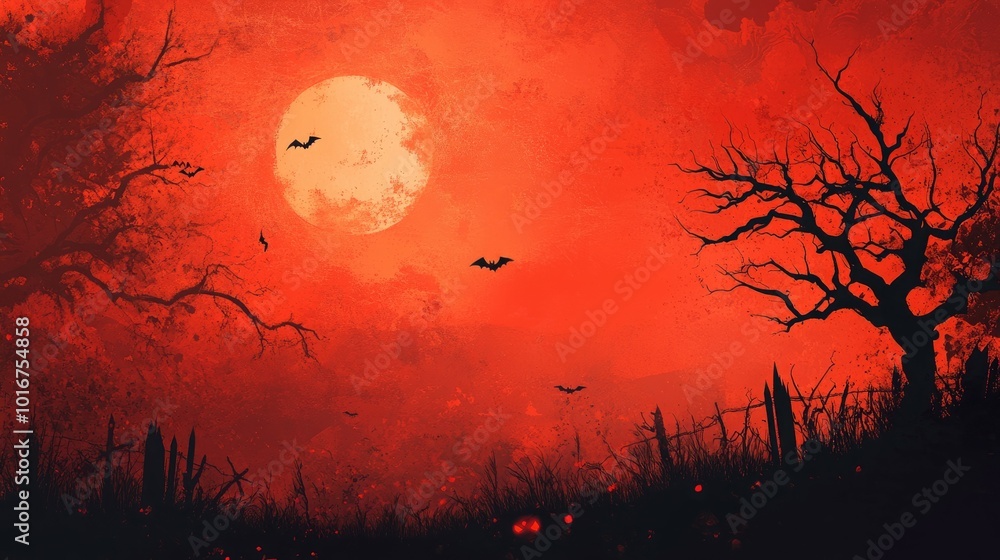 Spooky Halloween night with a bright red moon. Spooky Halloween night with a bright red moon.