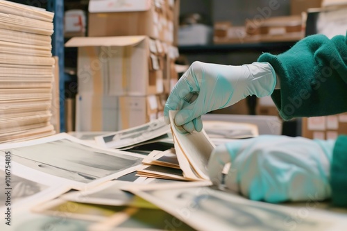 Archivist Handling Historical Documents with Care in Preservation Room