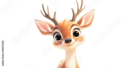 A soft, pastel cartoon deer with gentle antlers and a friendly expression, isolated on a white background for children books.