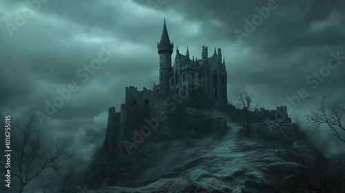 Creepy old castle on a hill. Spooky castle in gloomy cloudy weather.