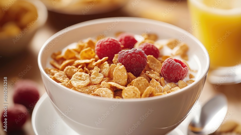 Cereal with milk and strawberries in a white bowl and a glass of orange juice on a table. Close-up. Delicious breakfast. Cereal with milk and strawberries in a white bowl and a glass of orange juice on a table. Close-up. Delicious breakfast.