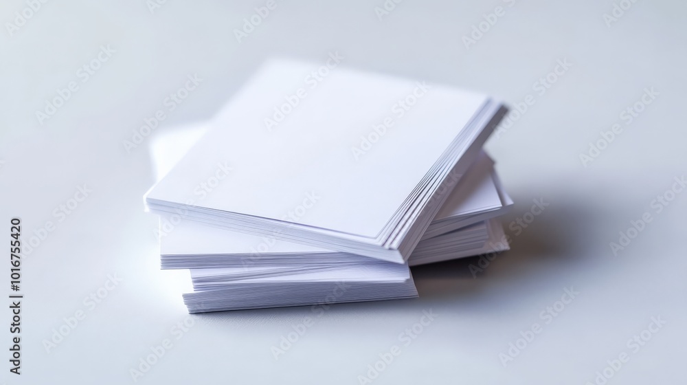 Fototapeta premium Stack of blank white papers on a smooth surface, ideal for office, writing, or printing needs in professional and personal settings.