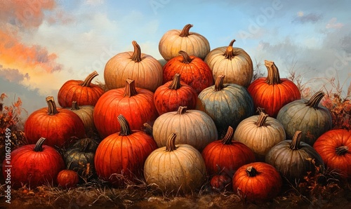 A large pile of pumpkins in various colors and sizes, with a sunset in the background.