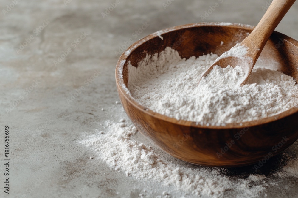 Wooden bowl overflowing with white flour on gray background Wooden bowl overflowing with white flour on gray background