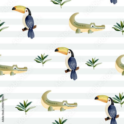 Childish background with cute crocodile and toucan. Seamless pattern watercolor animals. Jungle wallpaper.