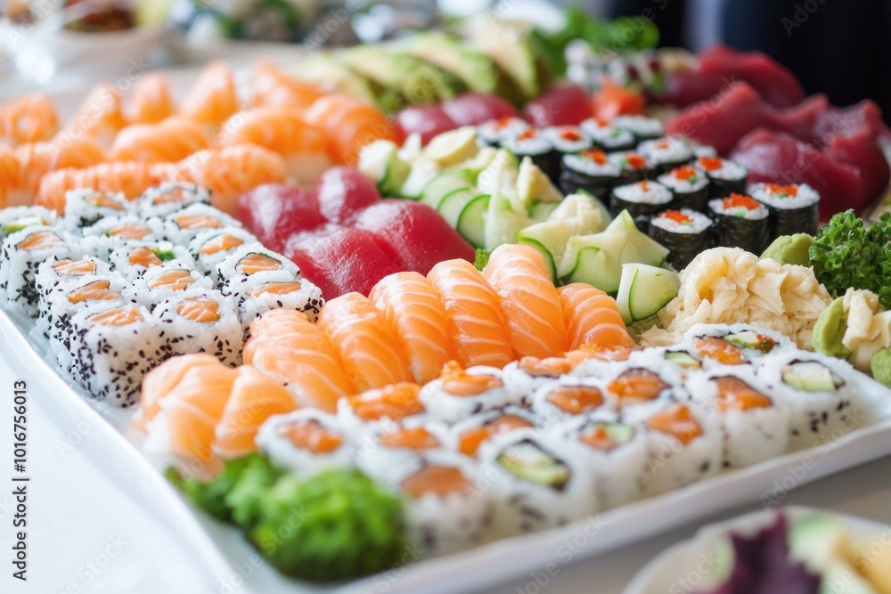Large sushi platter being served on table with white tablecloth Large sushi platter being served on table with white tablecloth