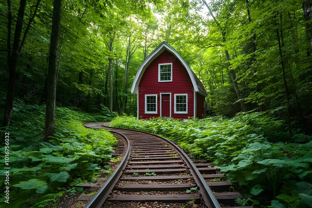 A red house surrounded by green trees on top of a circular track A red house surrounded by green trees on top of a circular track