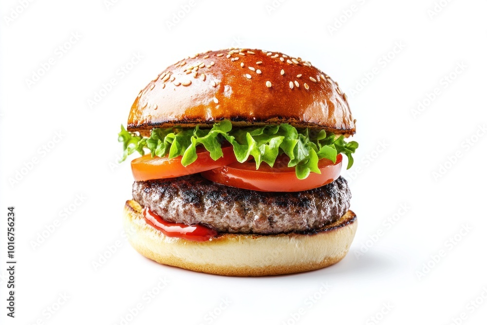 Delicious burger with sesame seeds on a white background Delicious burger with sesame seeds on a white background