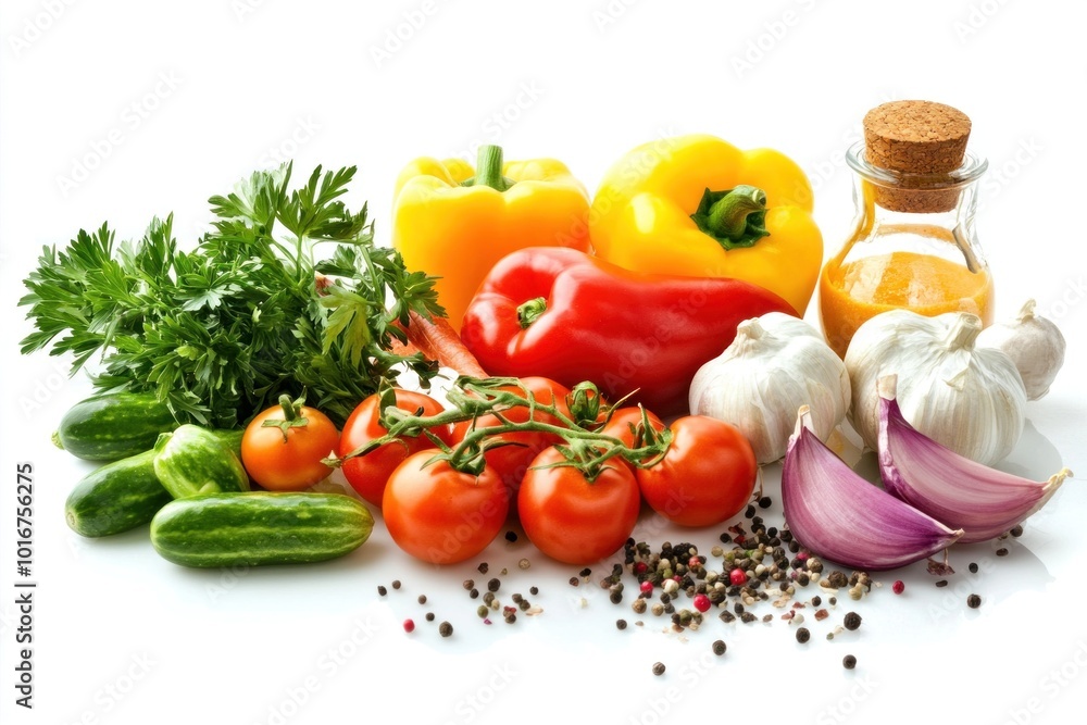 Fresh vegetables and spices creating a colorful still life on white background Fresh vegetables and spices creating a colorful still life on white background