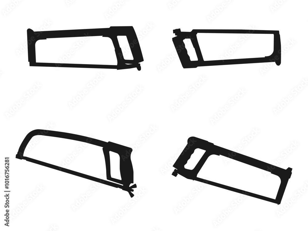 Hacksaw silhouette. Hacksaw flat icon. Black silhouette of hacksaws vector. Flat silhouette version. Coping saw. Metal working or metal processing. Hacksaw silhouette vector art white background. Hacksaw silhouette. Hacksaw flat icon. Black silhouette of hacksaws vector. Flat silhouette version. Coping saw. Metal working or metal processing. Hacksaw silhouette vector art white background.