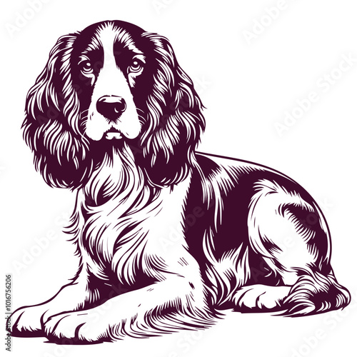 English spaniel sitting pose vector silhouette outline on white background, english Cocker Spaniel dog clipart, english Cocker Spaniel black vector
Stylized Cocker Spaniel Dog Logo for Creative Market