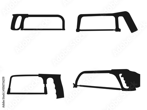 Hacksaw silhouette. Hacksaw flat icon. Black silhouette of hacksaws vector. Flat silhouette version. Coping saw. Metal working or metal processing. Hacksaw silhouette vector art white background.