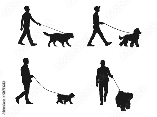 Man shaking hands golden retriever dog vector silhouette. dog trainer simple silhouette modern logo. set of animals and people. Dog lovers in the park. Vector silhouette of a dog on a white background