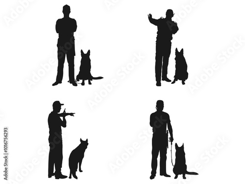 male police officer with dog silhouettes. Policeman standing among two police dogs black silhouettes. Trained aggressive dog silhouette vector set. Policeman Silhouette on white background. 