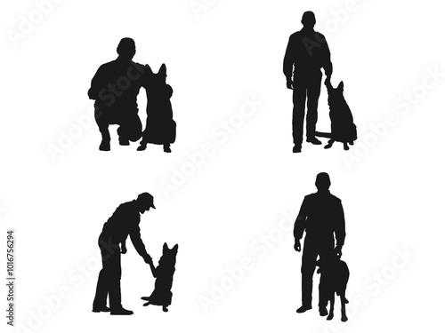 male police officer with dog silhouettes. Policeman standing among two police dogs black silhouettes. Trained aggressive dog silhouette vector set. Policeman Silhouette on white background. 