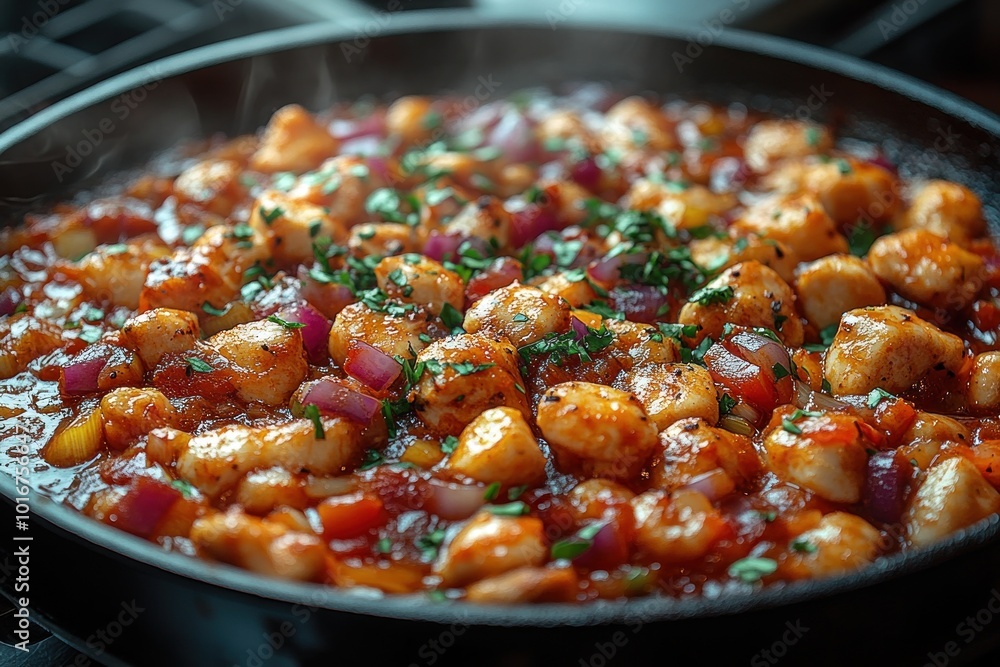 Chicken and gnocchi skillet meal simmering with herbs and spices Chicken and gnocchi skillet meal simmering with herbs and spices