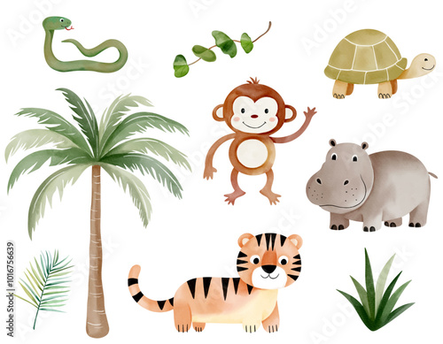 Watercolor jungle animals and palm tree. Wild tiger, hippopotamus, monkey, turtle, snake. Hand drawn safari