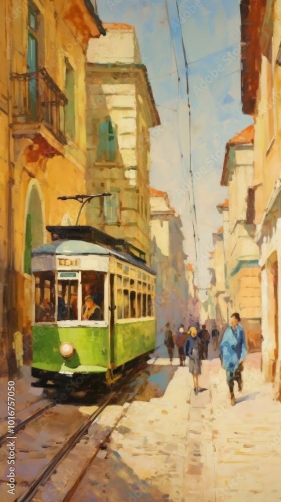 Fototapeta premium Green tram in european city painting transportation streetcar.