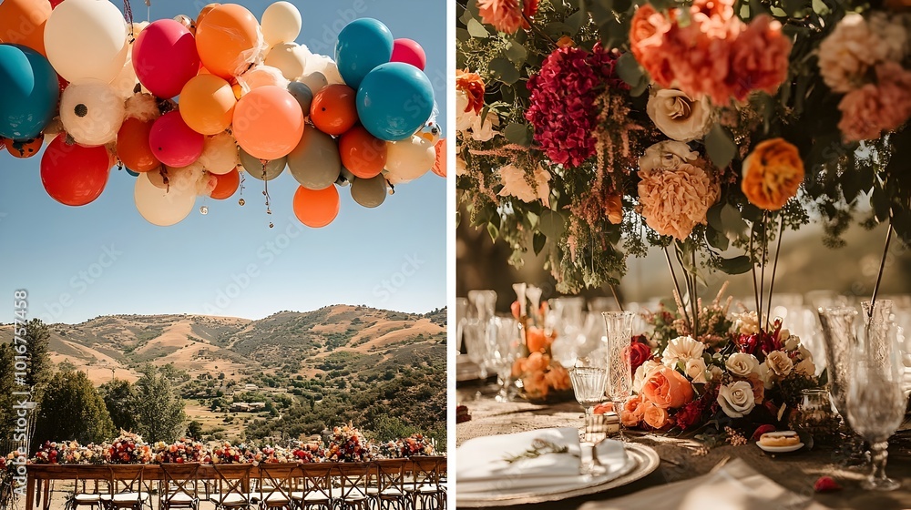 Vibrant and Festive Modern Wedding with Bold Air Balloon Decor and Playful Floral Designs Joyful atmosphere with elegant table settings colorful flowers and a whimsical touch Vibrant and Festive Modern Wedding with Bold Air Balloon Decor and Playful Floral Designs Joyful atmosphere with elegant table settings colorful flowers and a whimsical touch