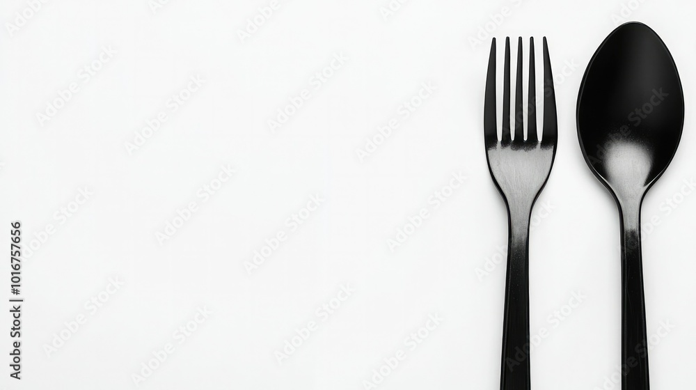 Black takeaway fork and spoon on a white background, emphasizing modern and elegant food delivery cutlery. Black takeaway fork and spoon on a white background, emphasizing modern and elegant food delivery cutlery.