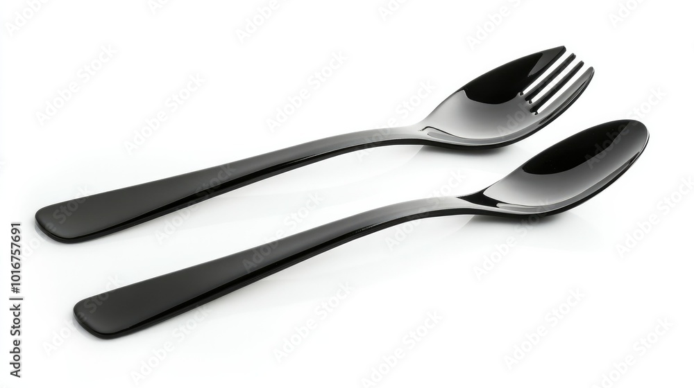 Black takeaway fork and spoon on a white background, emphasizing modern and elegant food delivery cutlery. Black takeaway fork and spoon on a white background, emphasizing modern and elegant food delivery cutlery.