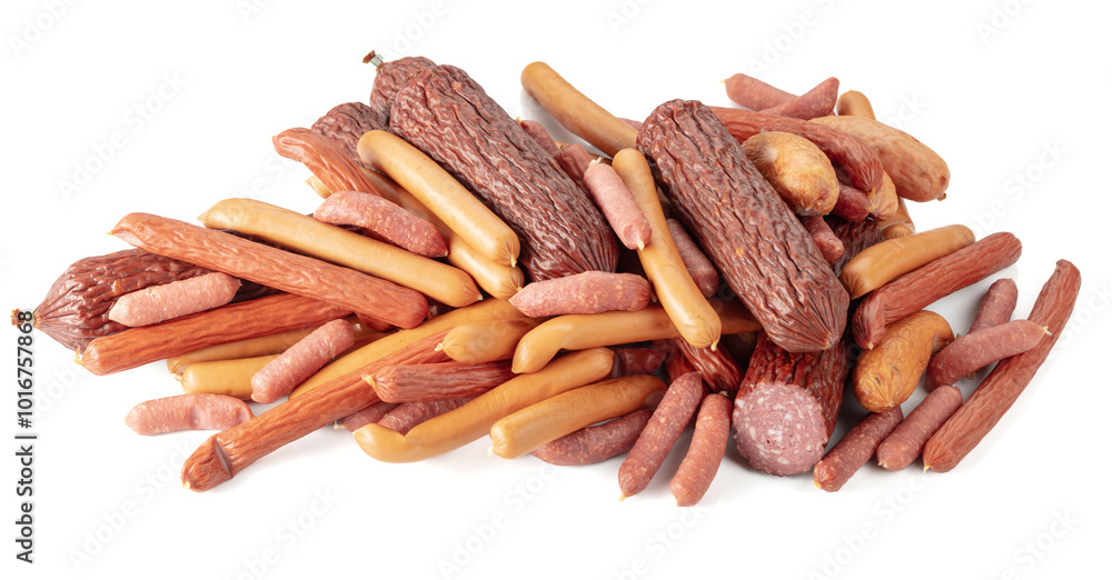 Various dry-cured and smoked sausages isolated on white. Various dry-cured and smoked sausages isolated on white.