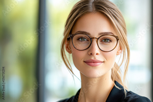 A woman with glasses is smiling and looking at the camera