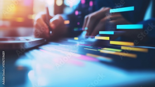 Double exposure managing milestones on a timeline Gantt chart in technology online. concept of project planner in software, schedule plan management work update, and workflow. updating appointment sta